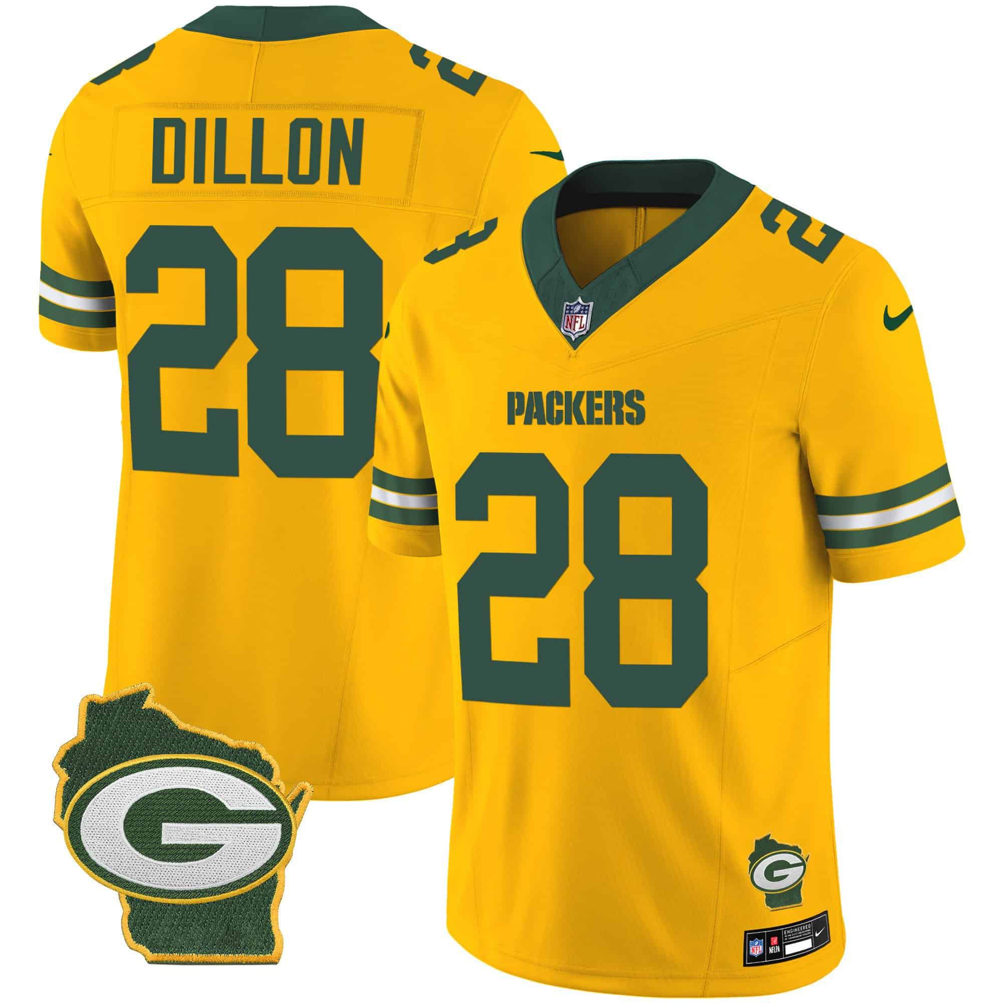 Men Green Bay Packers #28 Dillon Yellow 2024 Nike Home Patch Vapor NFL Jersey